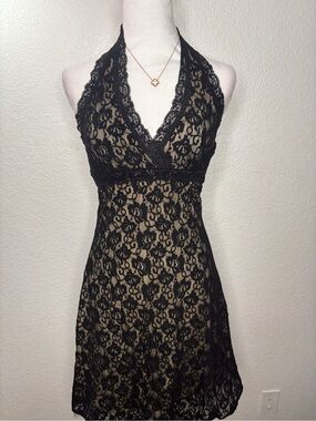 Black Lace Halter Dress with Nude Underlay